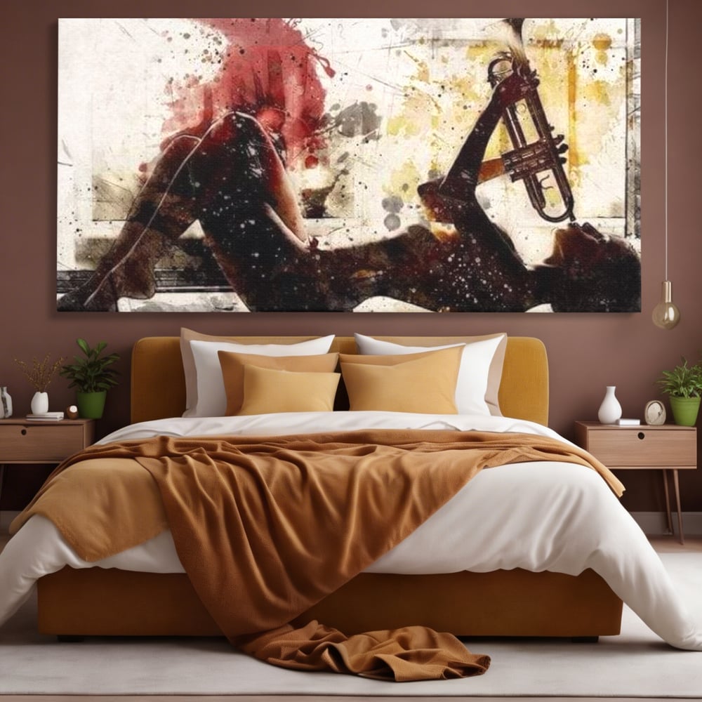 Tablou canvas cu tablou canvas cu silueta si trompeta, fara rama, pe sasiu de lemn, pe perete intr-un dormitor